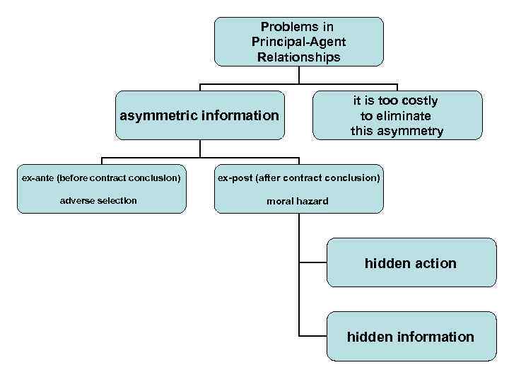 Problems in Principal-Agent Relationships asymmetric information it is too costly to eliminate this asymmetry