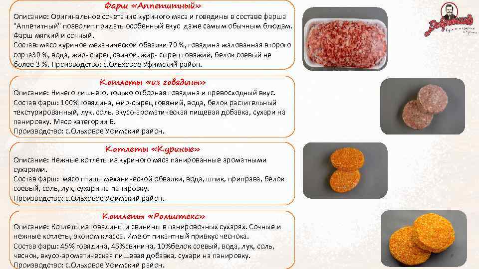 Фарш «Аппетитный» Описание: Оригинальное сочетание куриного мяса и говядины в составе фарша 