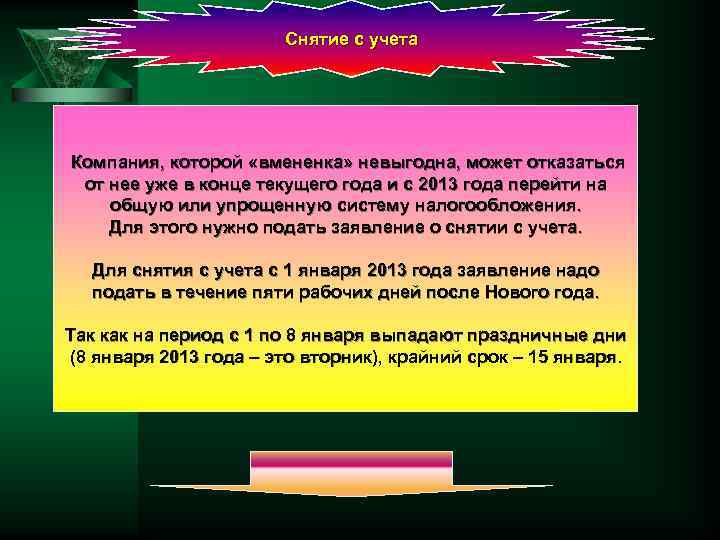 Снятие с учета Компания, которой «вмененка» невыгодна, может отказаться от нее уже в конце