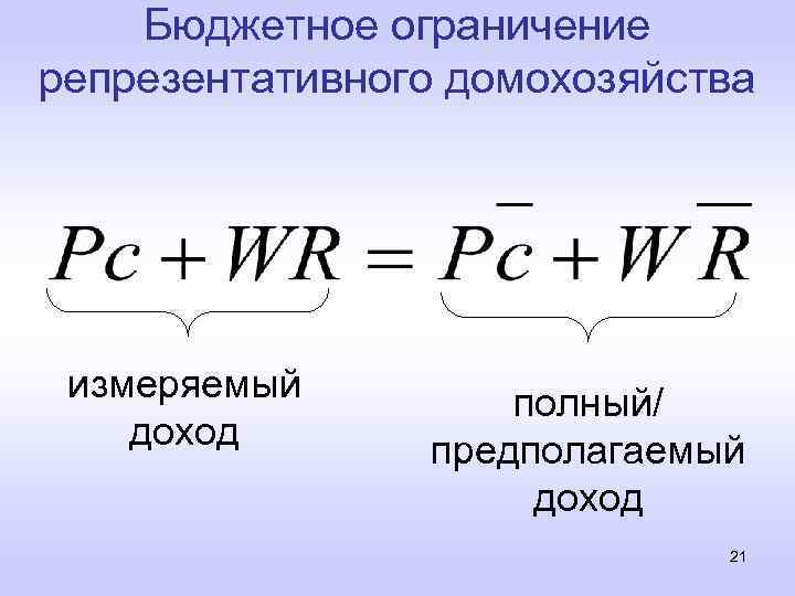 Бюджетное ограничение репрезентативного домохозяйства измеряемый доход полный/ предполагаемый доход 21 