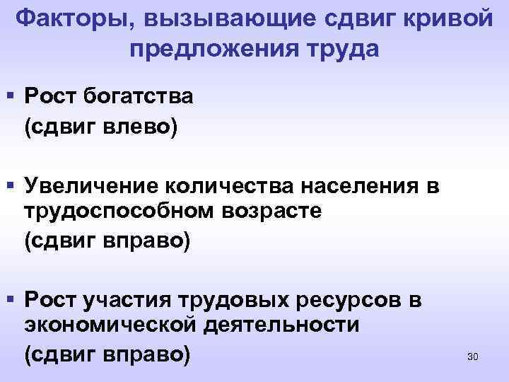 Факторы, вызывающие сдвиг кривой предложения труда § Рост богатства (сдвиг влево) § Увеличение количества