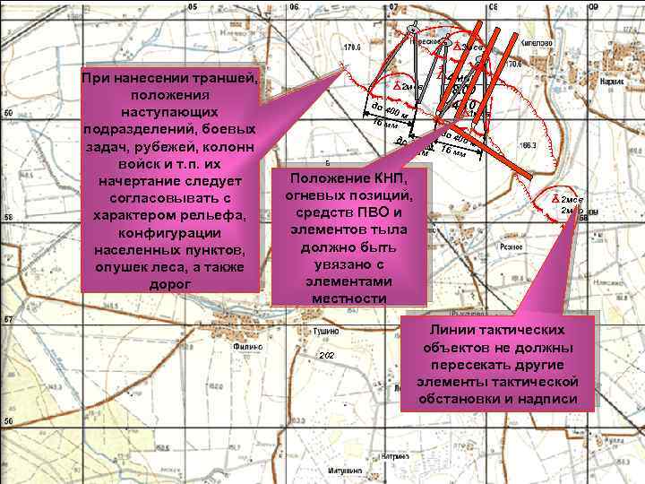 3 мсв При нанесении траншей, положения наступающих подразделений, боевых задач, рубежей, колонн войск и