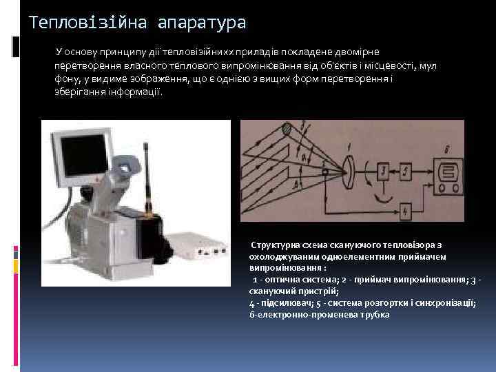 Тепловізійна апаратура У основу принципу дії тепловізійнихх приладів покладене двомірне перетворення власного теплового випромінювання