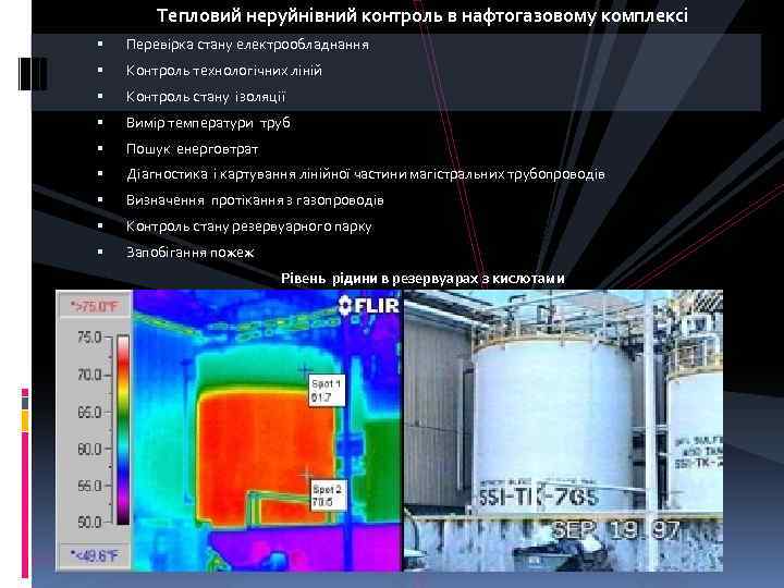 Тепловий неруйнівний контроль в нафтогазовому комплексі Перевірка стану електрообладнання Контроль технологічних ліній Контроль стану