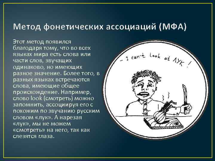 Метод фонетических ассоциаций (МФА) Этот метод появился благодаря тому, что во всех языках мира