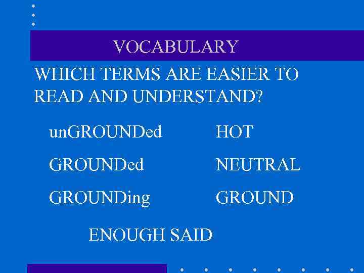 VOCABULARY WHICH TERMS ARE EASIER TO READ AND UNDERSTAND? un. GROUNDed HOT GROUNDed NEUTRAL