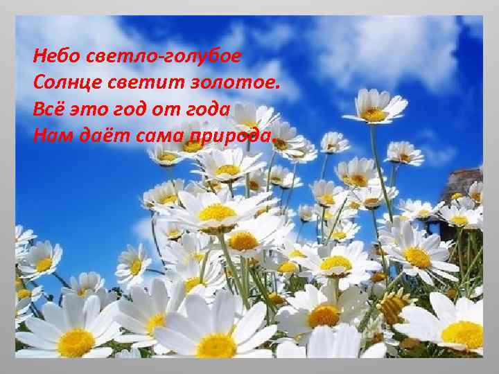 Небо светло-голубое Солнце светит золотое. Всё это год от года Нам даёт сама природа.