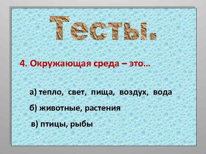 4. Окружающая среда – это… а) тепло, свет, пища, воздух, вода б) животные, растения