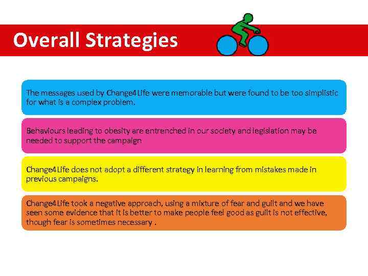 Overall Strategies The messages used by Change 4 Life were memorable but were found
