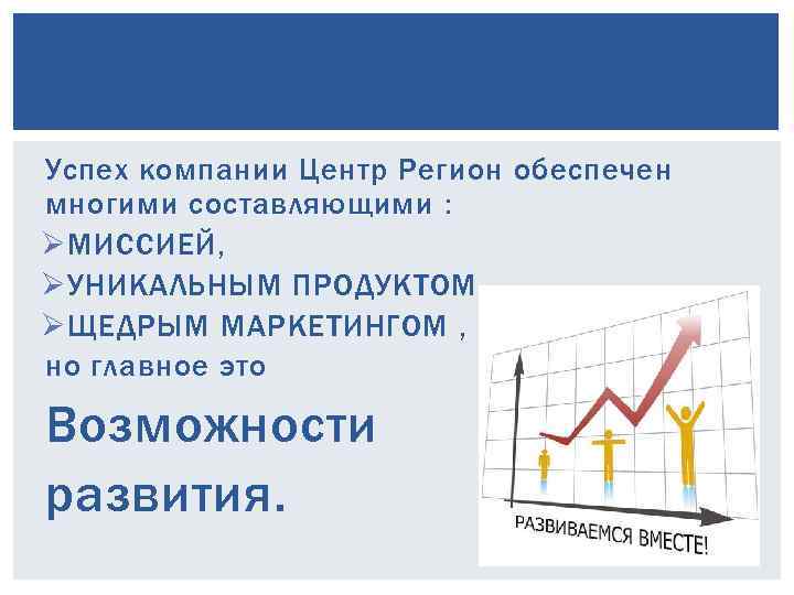 Успех компании Центр Регион обеспечен многими составляющими : Ø МИССИЕЙ, Ø УНИКАЛЬНЫМ ПРОДУКТОМ, Ø