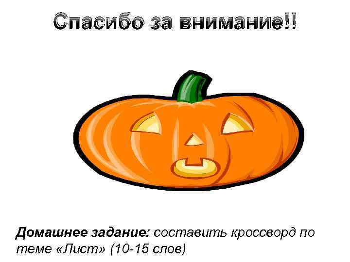 Спасибо за внимание!! Домашнее задание: составить кроссворд по теме «Лист» (10 -15 слов) 