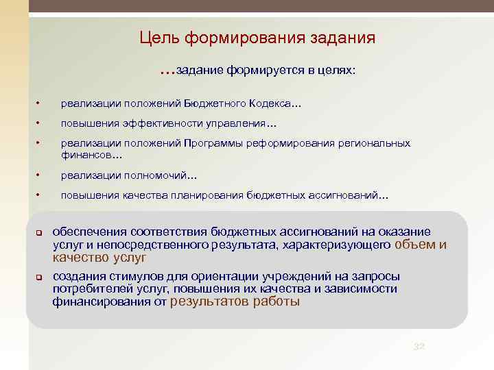 Цель формирования задания …задание формируется в целях: • реализации положений Бюджетного Кодекса… • повышения