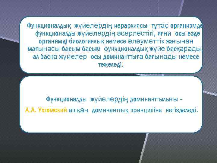 Функционалдық жүйелердің иерархиясы- тұтас организмде функционалды жүйелердің әсерлестігі, яғни осы езде органимді биологиялық немесе