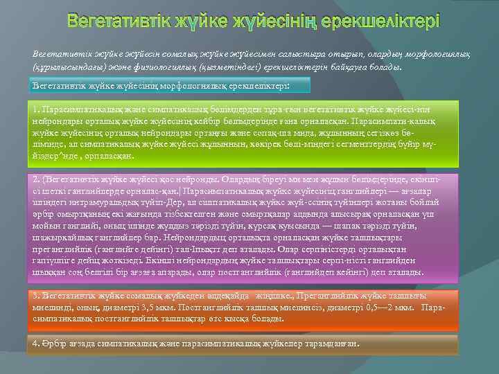 Вегетативтік жүйке жүйесінің ерекшеліктері Вегетативтік жүйке жүйесін сомалық жүйке жүйесімен салыстыра отырып, олардың морфологиялық