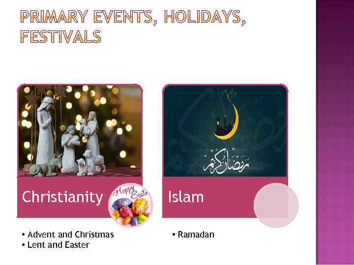 Christianity • Advent and Christmas • Lent and Easter Islam • Ramadan 