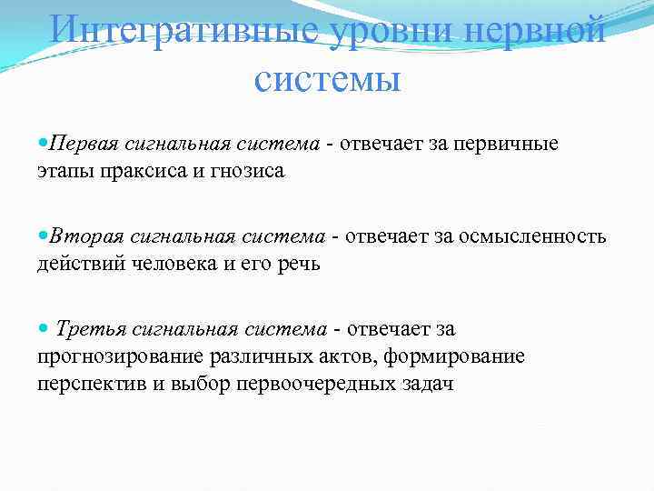 Интегративные уровни нервной системы Первая сигнальная система - отвечает за первичные этапы праксиса и