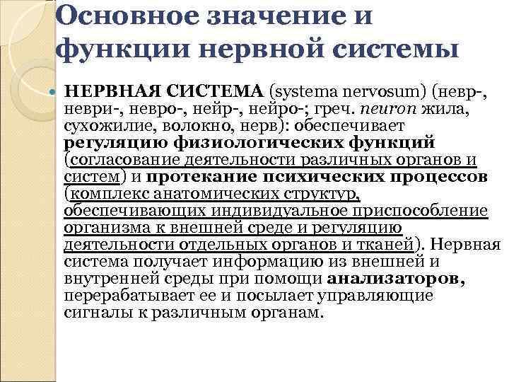 Основное значение и функции нервной системы НЕРВНАЯ СИСТЕМА (systema nervosum) (невр-, неври-, невро-, нейро-;