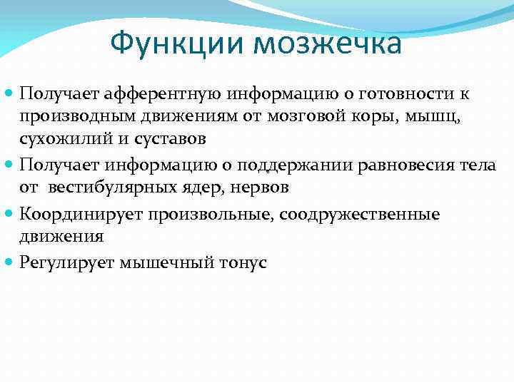 Функции мозжечка Получает aфферентную информацию о готовности к производным движениям от мозговой коры, мышц,
