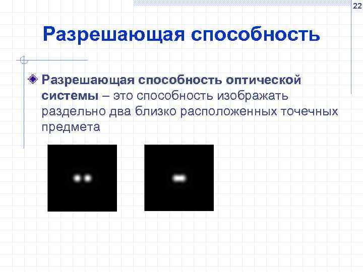 22 Разрешающая способность оптической системы – это способность изображать раздельно два близко расположенных точечных