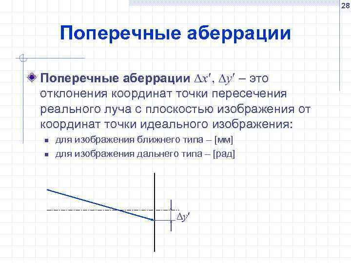 28 Поперечные аберрации x , y – это отклонения координат точки пересечения реального луча