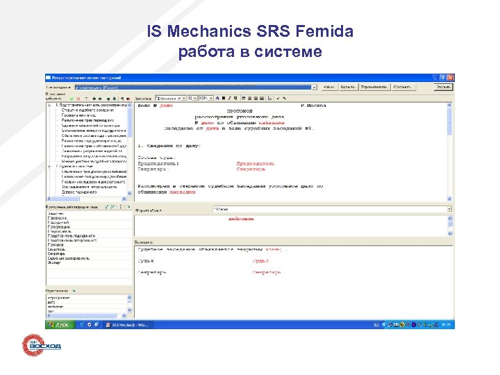 IS Mechanics SRS Femida работа в системе 