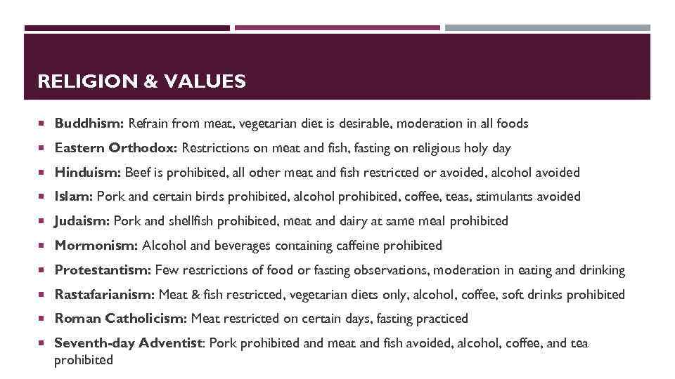 RELIGION & VALUES Buddhism: Refrain from meat, vegetarian diet is desirable, moderation in all