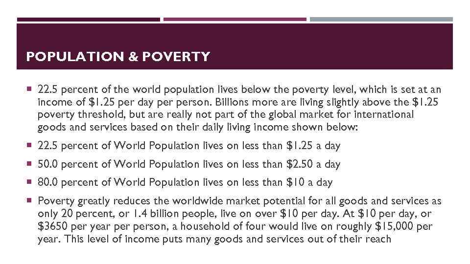POPULATION & POVERTY 22. 5 percent of the world population lives below the poverty