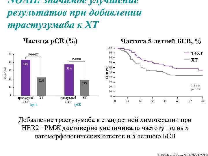 NOAH: значимое улучшение результатов при добавлении трастузумаба к ХТ Частота p. CR (%), Частота