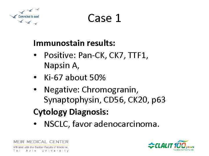 Case 1 Immunostain results: • Positive: Pan-CK, CK 7, TTF 1, Napsin A, •