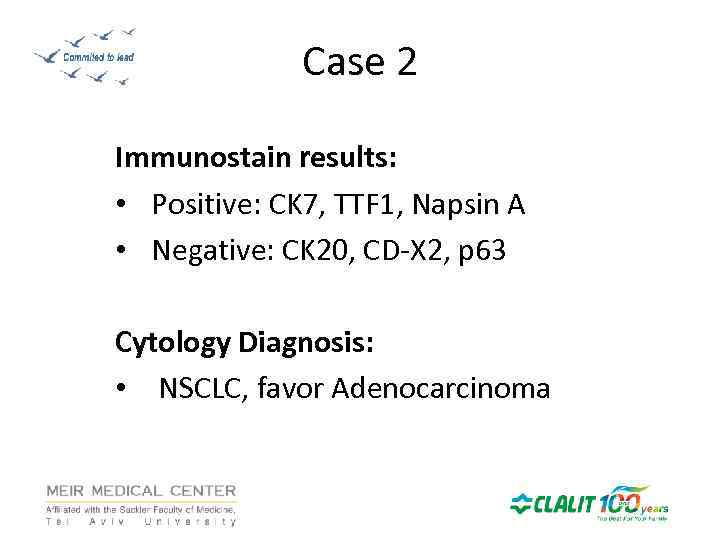 Case 2 Immunostain results: • Positive: CK 7, TTF 1, Napsin A • Negative: