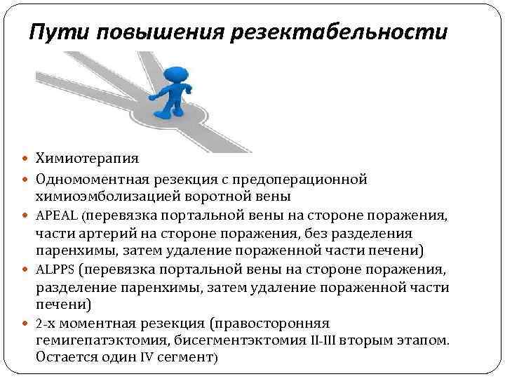 Пути повышения резектабельности Химиотерапия Одномоментная резекция с предоперационной химиоэмболизацией воротной вены APEAL (перевязка портальной