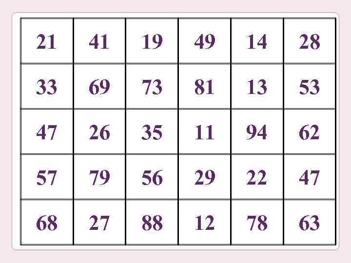 21 41 19 49 14 28 33 69 73 81 13 53 47 26