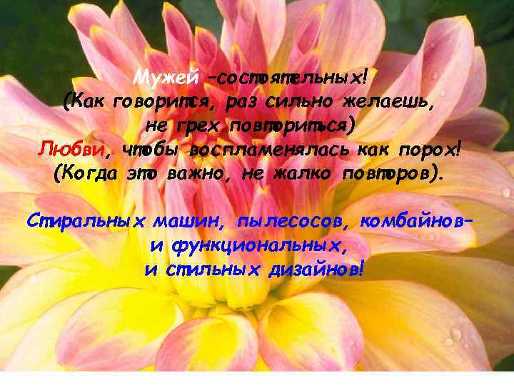 Мужей –состоятельных! (Как говорится, раз сильно желаешь, не грех повториться) Любви, чтобы воспламенялась как