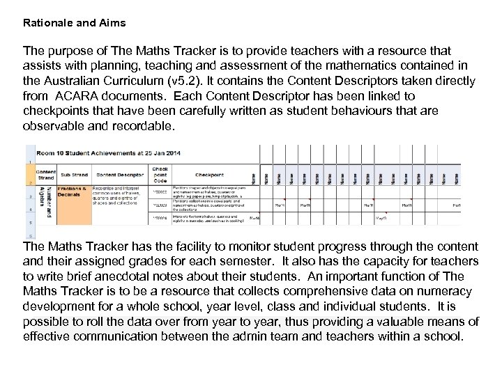 Rationale and Aims The purpose of The Maths Tracker is to provide teachers with