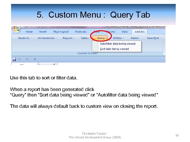  5. Custom Menu : Query Tab Use this tab to sort or filter