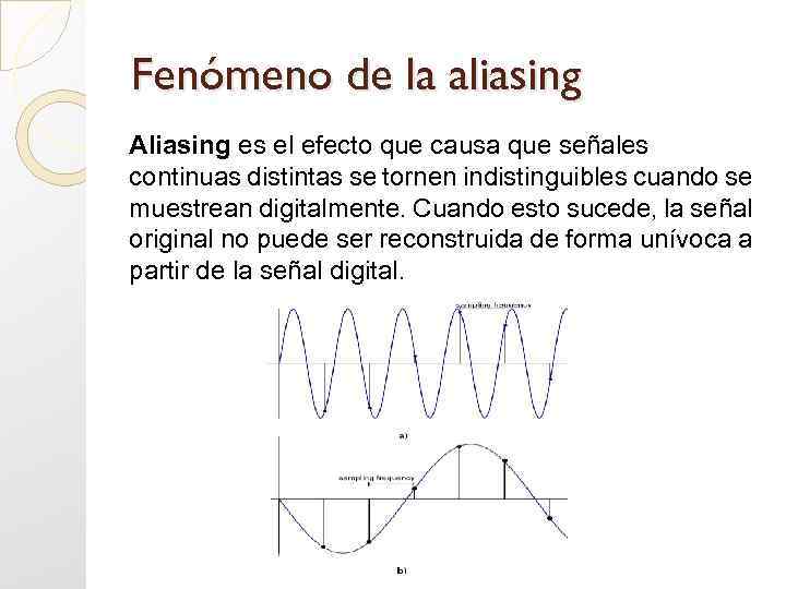 Fenómeno de la aliasing Aliasing es el efecto que causa que señales continuas distintas
