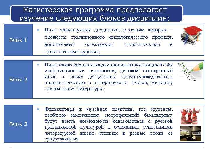 Магистерская программа предполагает изучение следующих блоков дисциплин: Цикл общенаучных дисциплин, в основе которых –