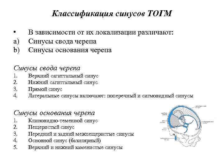Классификация синусов ТОГМ • a) b) В зависимости от их локализации различают: Синусы свода