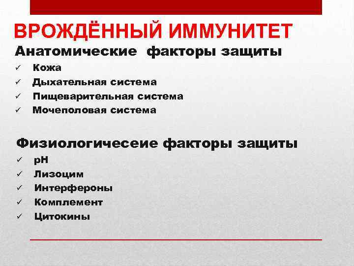 ВРОЖДЁННЫЙ ИММУНИТЕТ Анатомические факторы защиты ü ü Кожа Дыхательная система Пищеварительная система Мочеполовая система