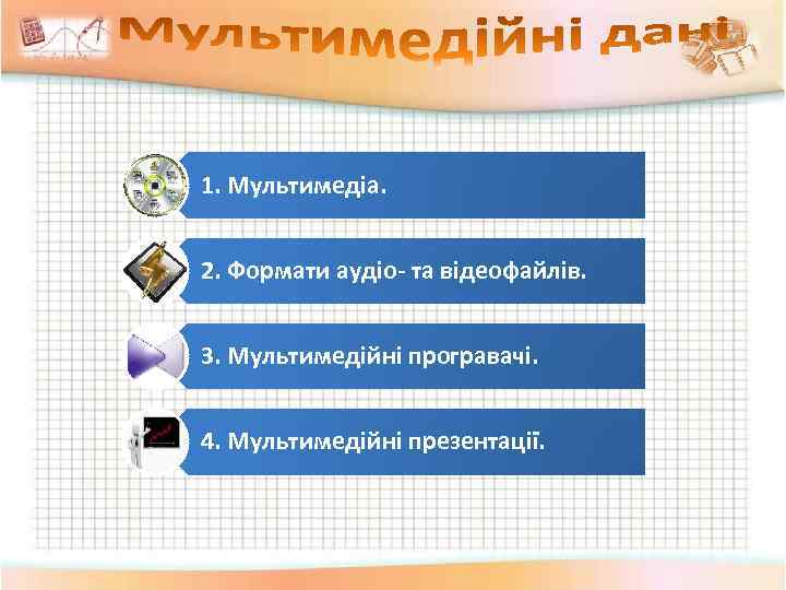 1. Мультимедіа. 2. Формати аудіо- та відеофайлів. 3. Мультимедійні програвачі. 4. Мультимедійні презентації. 