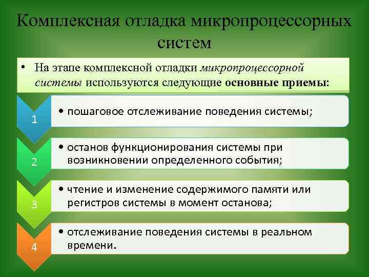 Комплексная отладка микропроцессорных систем • На этапе комплексной отладки микропроцессорной системы используются следующие основные