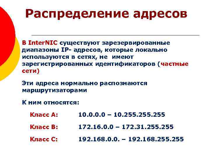 Распределение адресов В Inter. NIC существуют зарезервированные диапазоны IP- адресов, которые локально используются в