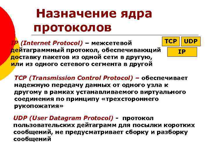 Назначение ядра протоколов TCP UDP IP (Internet Protocol) – межсетевой дейтаграммный протокол, обеспечивающий IP