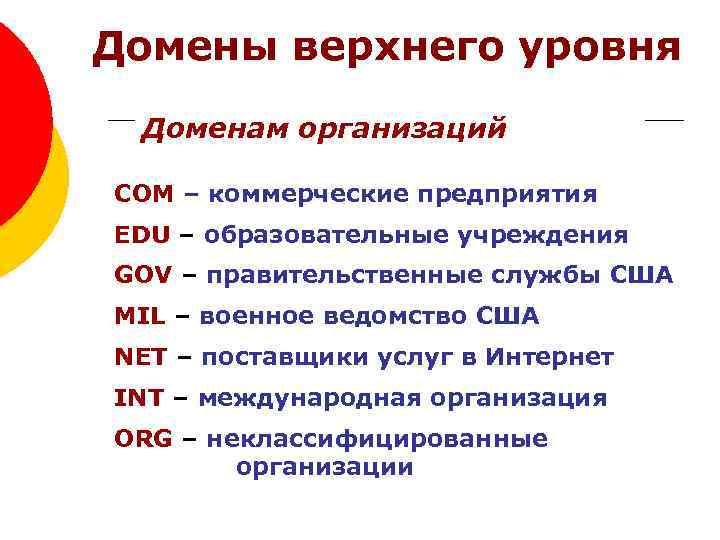 Домены верхнего уровня Доменам организаций COM – коммерческие предприятия EDU – образовательные учреждения GOV