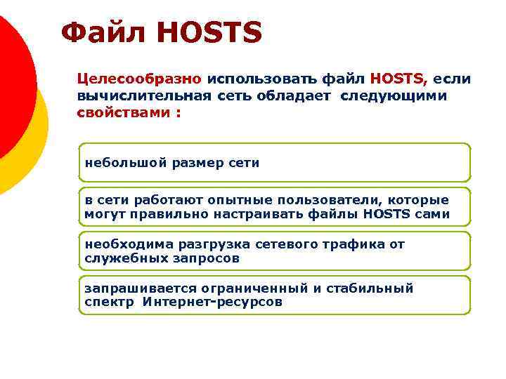 Файл HOSTS Целесообразно использовать файл HOSTS, если вычислительная сеть обладает следующими свойствами : небольшой