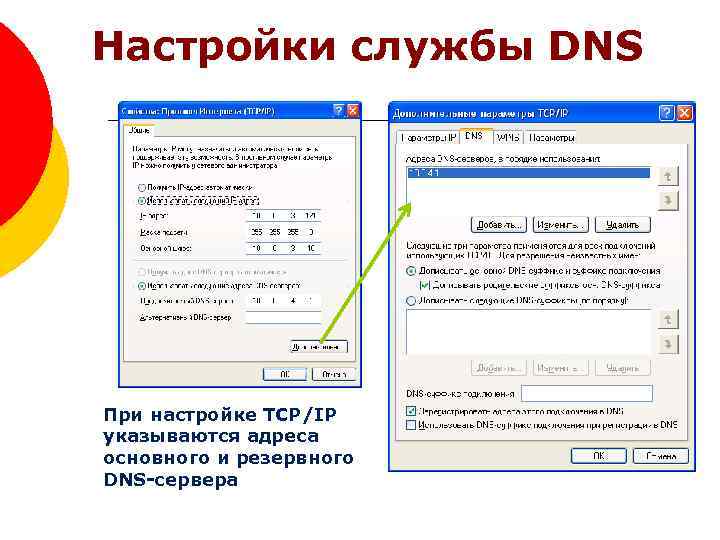 Настройки службы DNS При настройке TCP/IP указываются адреса основного и резервного DNS-сервера 