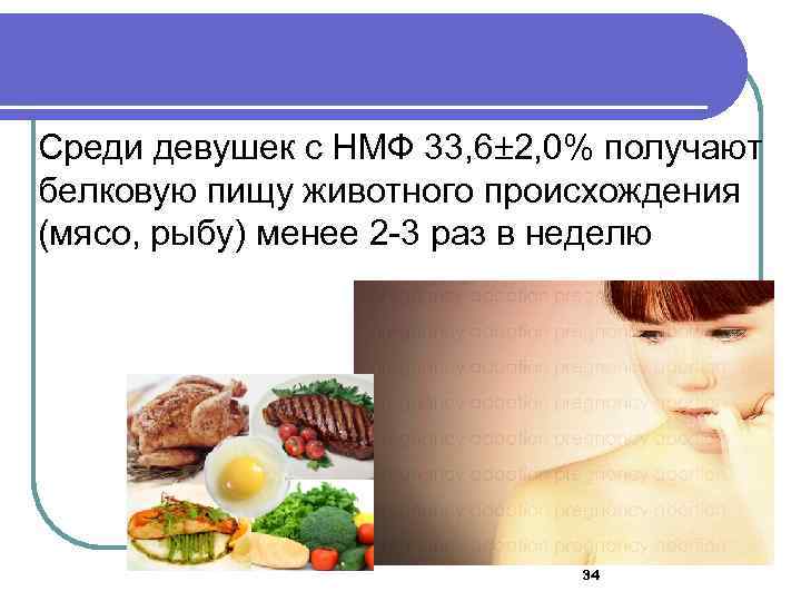 Среди девушек с НМФ 33, 6 2, 0% получают белковую пищу животного происхождения (мясо,