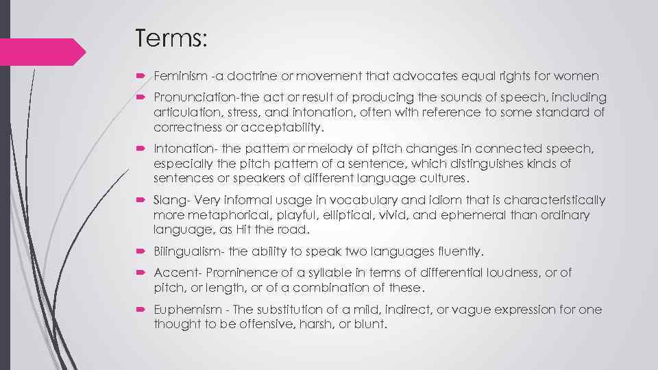 Terms: Feminism -a doctrine or movement that advocates equal rights for women Pronunciation-the act