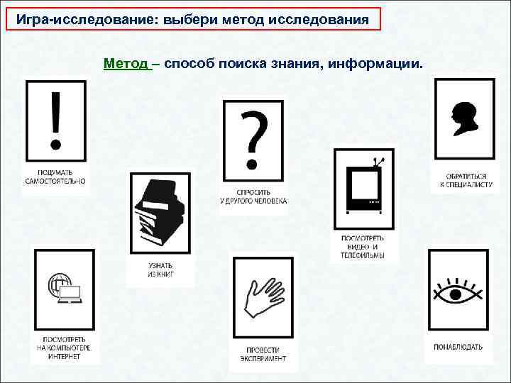 Игра-исследование: выбери метод исследования Метод – способ поиска знания, информации. 