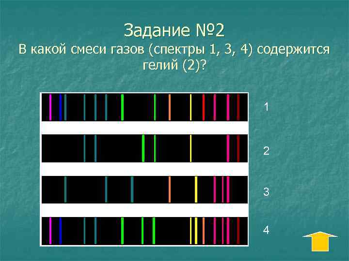 Задание № 2 В какой смеси газов (спектры 1, 3, 4) содержится гелий (2)?